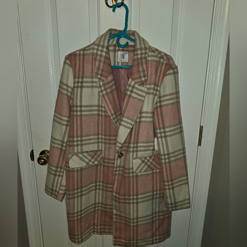 Altar'd State Pink and Cream Plaid Coat - Picture 2 of 6